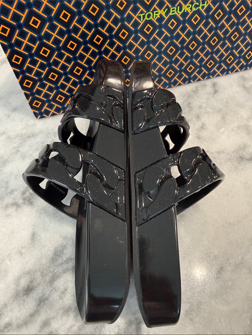 Tory Burch Black Chain-Link Slide Sandals - Picture 3 of 5